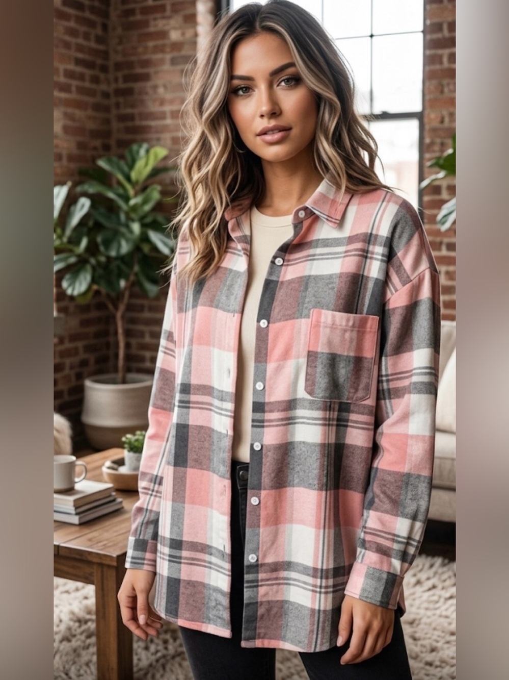 Pink & Gray Plaid Button-Up  Medium